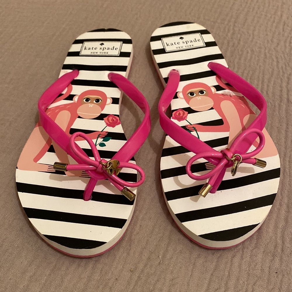 Kate Spade Striped Monkey Flip Flops with Pink Accents. Size 7 . New - Picture 2 of 5